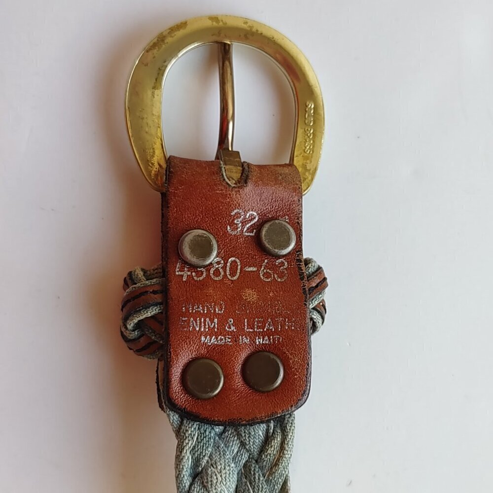 Vintage LEVI'S Hand Braided Leather & Denim Belt Orange Tab Brass Buckle Sz 32 - Picture 7 of 13